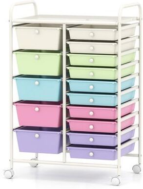 Costway 15-Drawer Utility Rolling Cart with Drawers Multi-Use Storage-Icecream Multicolor