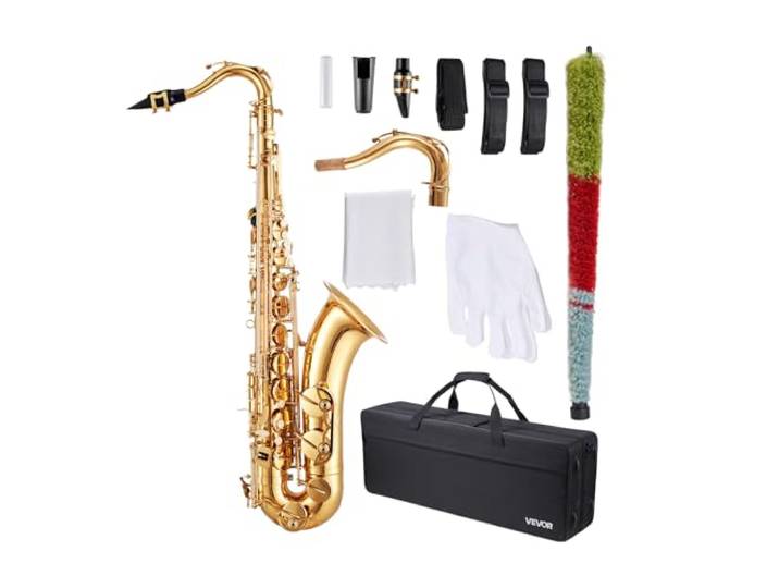 VEVOR Saxophone Ténor Si Bémol Kit Saxophone Débutants Laiton Résistant avec Étui de Transport\, Bec\, Sangles\, Chiffon de Nettoyage\, Gants\, Sangle de cou\, 23 Touches\, pour Débutants\, Étudiants\, Doré