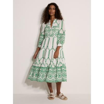 Spitzenkleid APRICOT "Midi-Kleid mit floraler Broderie Anglaise", Damen, Gr. M (38), N-Gr, grün, gewebt, Obermaterial: 100% Baumwolle CO., gemustert, V-Ausschnitt, Umschlagmanschetten, Kleider, mit Stickerei