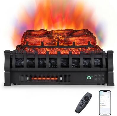 "Costway 23"" WiFi Fireplace Insert Pinewood Set with App and Remote-Black"