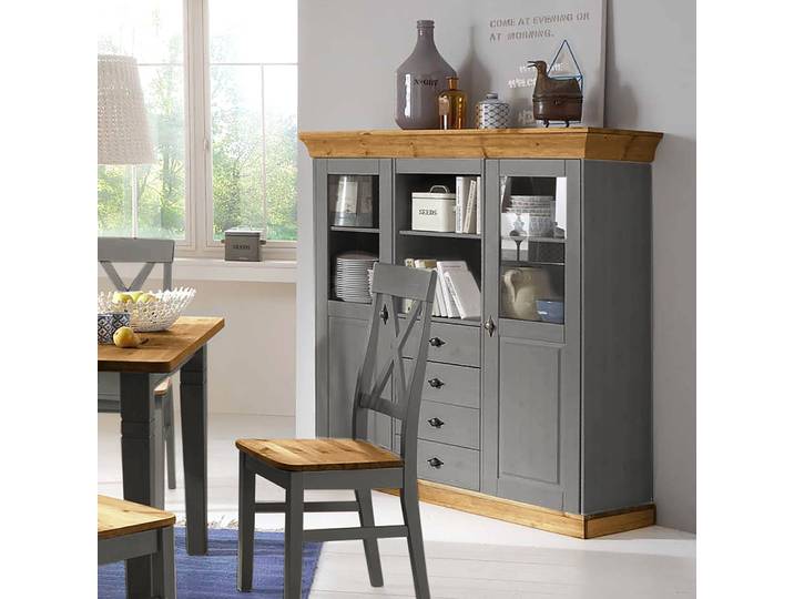 Highboard 143 x 145 x 45cm Braun/Grau/Kiefer Grau/Kiefer Laugenfarbig