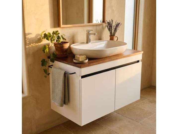 KAREN banyo Konsolenwaschtisch Venus Weiß & Walnuss – Waschtisch mit Aufsatzwaschbecken, Hochglanz-Türen mit Griffleisten, Soft-Close, moderner Stil (Venus 80 mit Konsole Walnuss)