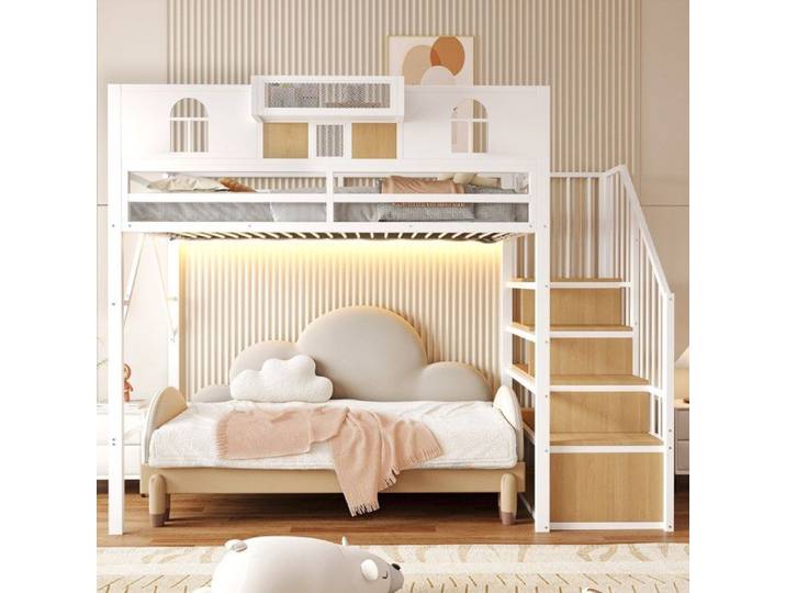 Lit mezzanine en métal 90x200 cm lit simple avec échelle de rangement et bande lumineuse barrière de sécurité blanc