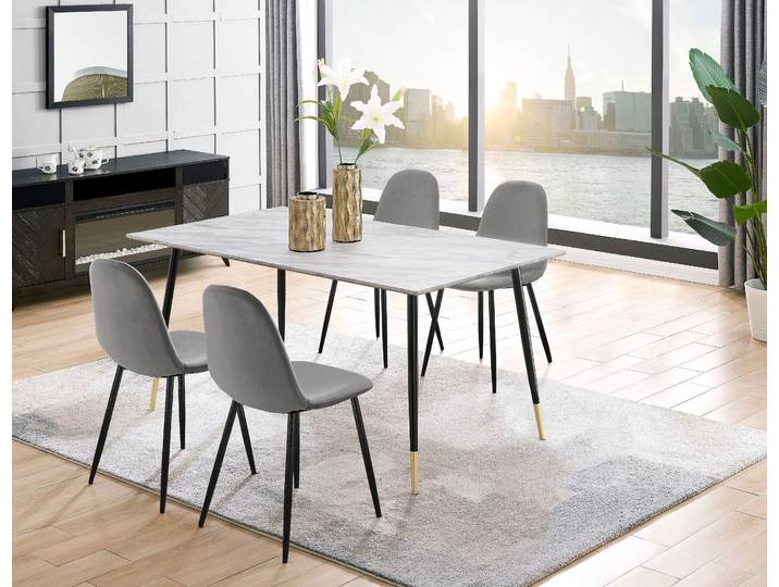 Essgruppe GOODPRODUCT Eadwine, Tisch plus 4 Stühle, Sitzgruppe , grau (hellgrau), Marmorfarbener Esstisch, Sitzmöbel-Sets, Essgruppe