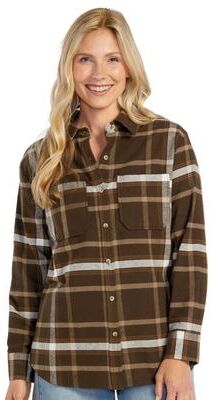 Fin & Feather Cabin Flannel Shirt (Women's) Casual in Brown/Tan/Plaid, Size 1X, Cotton/Flannel