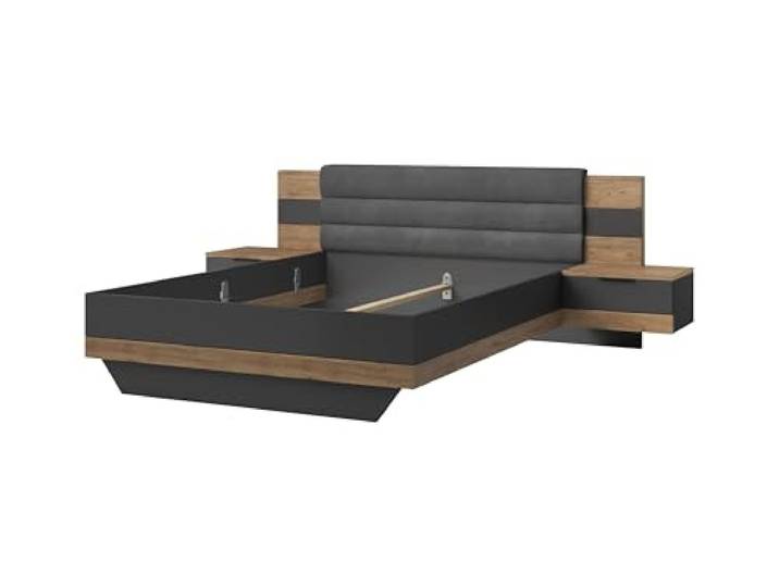 möbelando Preisbrecher Linea Bettanlage 296x210 cm Doppelbett mit Polsterkopfteil & 2 Schubladen Bartex Eiche/Graphit Modernes Schlafzimmer-Möbel mit Stauraum