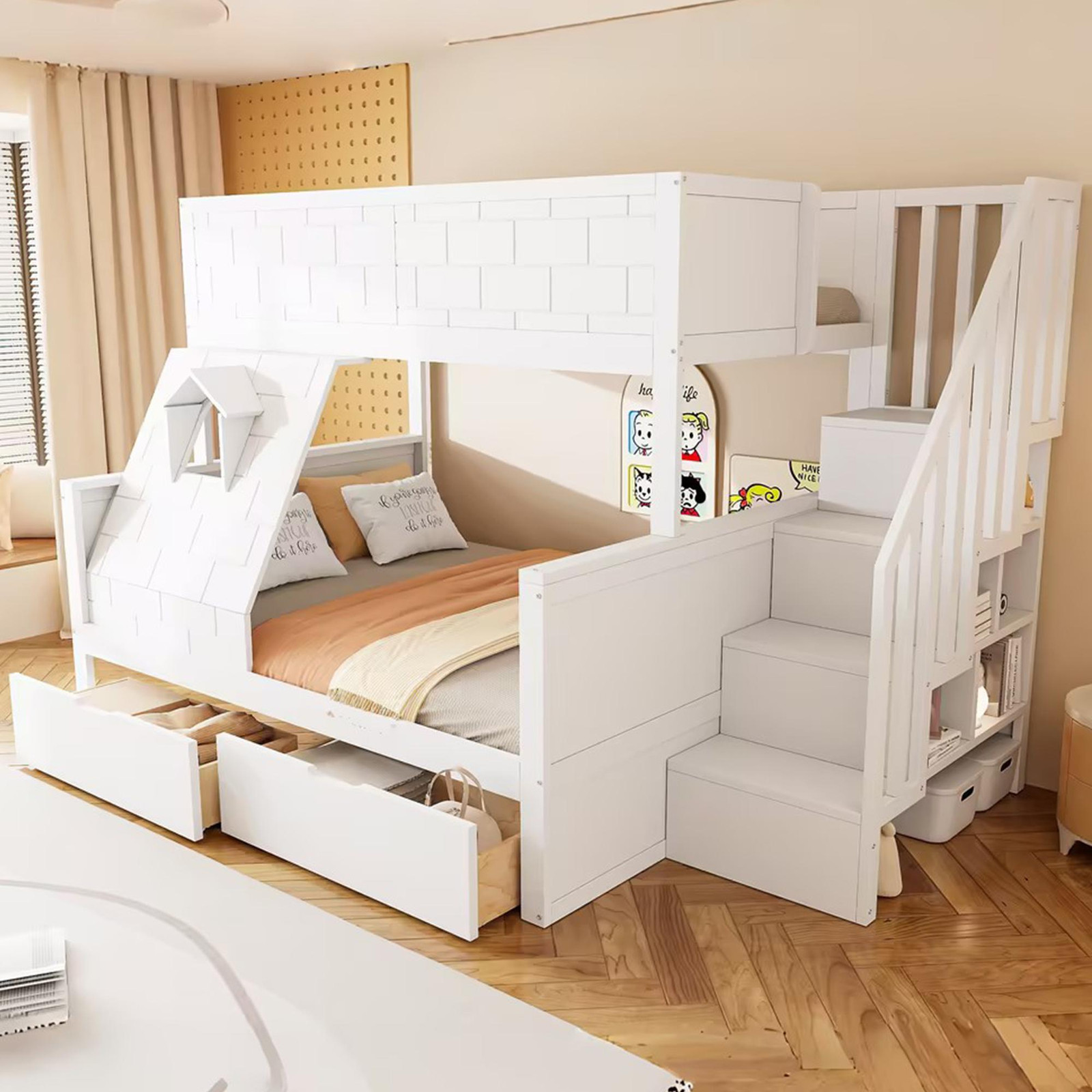 MODFU Patrov kinderbed met opberglades en veiligheidshekken, wit, inclusief matras