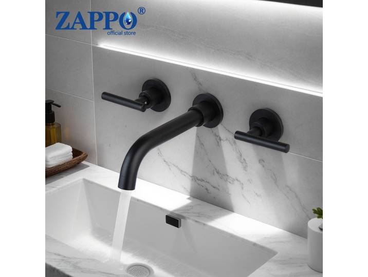 ZAPPO robinet de salle de bains noir mat, robinet de lavabo mural, robinet mitigeur d'eau chaude et froide à double poignée, robinets de baignoire intégrés