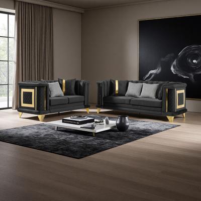 ZWYO HOSIMU Velvet Tufted 3-Seater Sofa and Loveseat Set with Gold Stainless Steel Trims and 7 Included Pillows