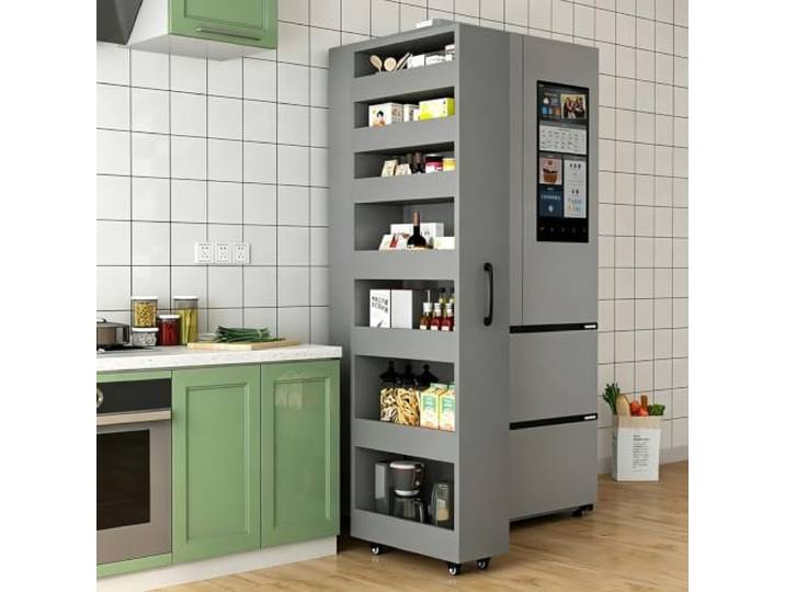 Schmaler Rollwagen für Nischen, Küchenregal mit 7 Ebenen, Platzsparendes Stabiles Holzmaterial,vielseitige Aufbewahrung, Mobiles Regal Aus Holz Für Küche(Gray,120x55x25cm)