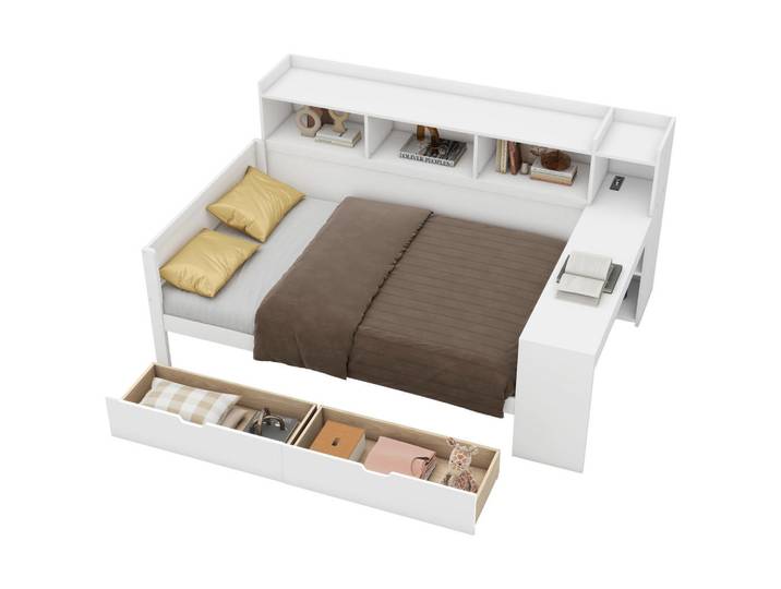 Flieks Schlafsofa 90x200cm Weiß Spanplatte Nachttischablage Schreibtisch Usb, Holz, 90x200 cm, Schlafzimmer, Betten