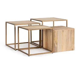 Beistelltisch Jaidev 4er-Set aus Mangoholz, modern, natur, Metallgestell in Messingoptik