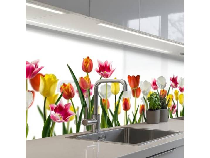 KitchenYeah© Rückwand Küche Rückwandschutz Selbstklebend Spritzschutz 80x250 cm - Küchenrückwand Küchenfront Küchen Selbstklebende Küchenrückwände Blumen - Tulpen - Bunt
