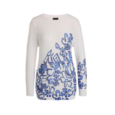 Rundhalspullover GOLDNER "Kurzgröße Eleganter Pullover mit Kontrastdruck", Damen, Gr. 21, weiß (weiß, gemustert), Obermaterial: 60% Polyester PES. 40% Baumwolle CO., normal, normales Bündchen, Pullover Rundhalspullover, Lochstruktur