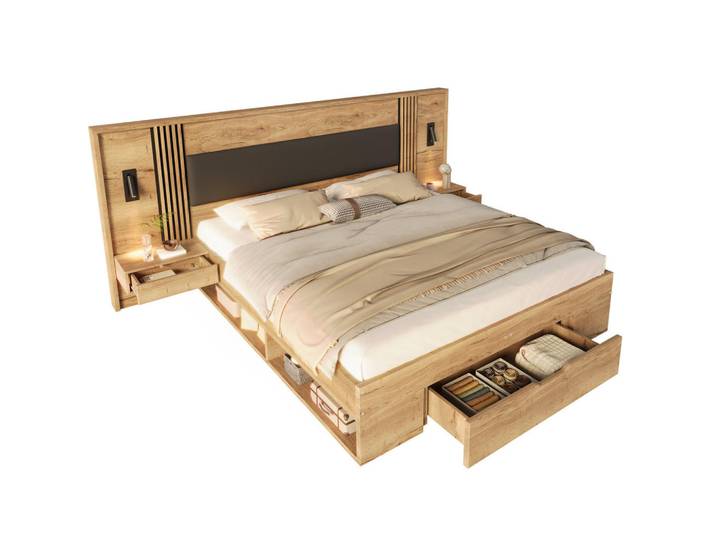 Okwish Doppelbett 160/200 cm natur aus MDF mit Stauraum, Nachttischen und Leselampen, Naturfarben, 160x200 cm, Schlafzimmer, Betten