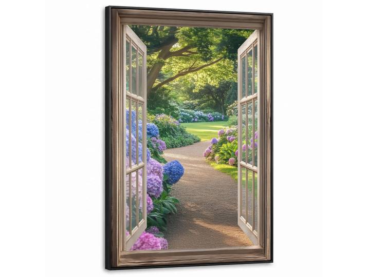 MuchoWow Leinwand Bilder mit Rahmen - Aussicht - Garten - Fenster - Hortensie - Blumen - 90x140, Pastellblau, Rechteckig, 90x140 cm, gerahmt, Bilder & Rahmen, Bilder, Leinwandbilder