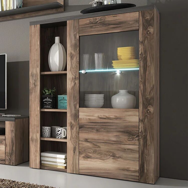 garneroarredamenti Credenza alta 100x145h cm 1 anta con vetrina noce rovere grigio Paloma 2