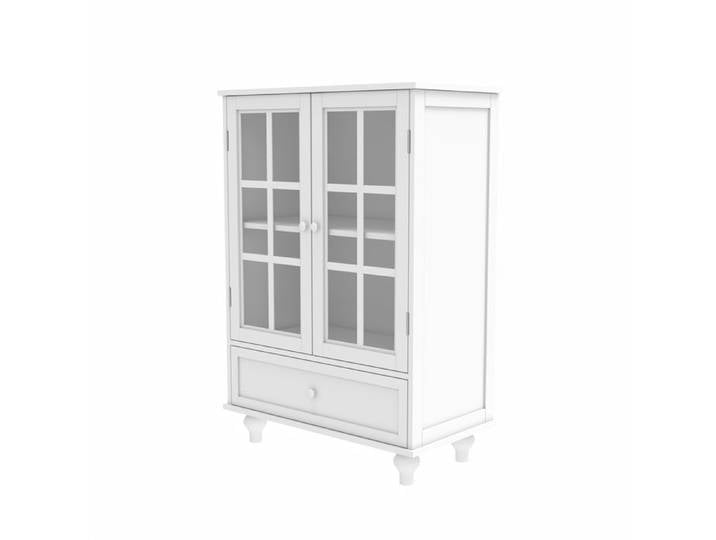 Buffet blanc avec double porte vitrée et tiroir pour salon.