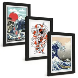 BILDER SET 3er Set - 20x30 cm Schwarzer Rahmen - Berge von Fischen Große Welle Japan