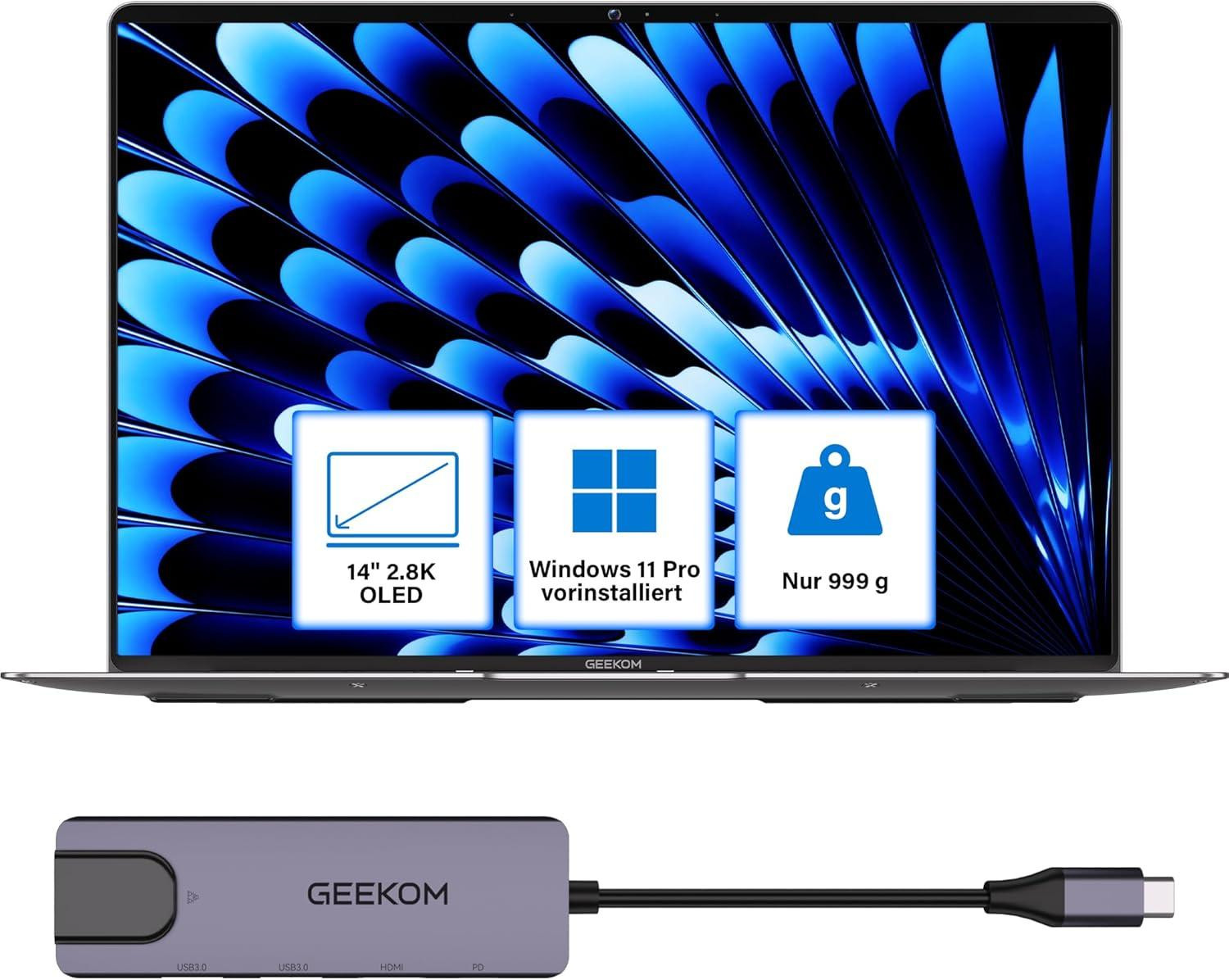GEEKOM GeekBook X14 Pro ultralichte laptop met 14 inch 2.8K OLED-scherm, Ultra 5 125U processor, 16GB LPDDR5x RAM, 512GB opslag en Duits toetsenbord