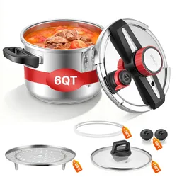 VEVOR Schnellkochtopf 6 L, Dampfkochtopf aus Edelstahl mit Dampfeinsatz & Deckel aus Gehärtetem Glas & 3 Druckstufen für Fleisch Bohnen Reis Suppen Soßen, Schnellkochtopf bis zu 100 kPa