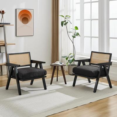 YUN Mid Century Accent Chairs, Rattan Back & Linen Cushion Armchairs - 2-Piece
