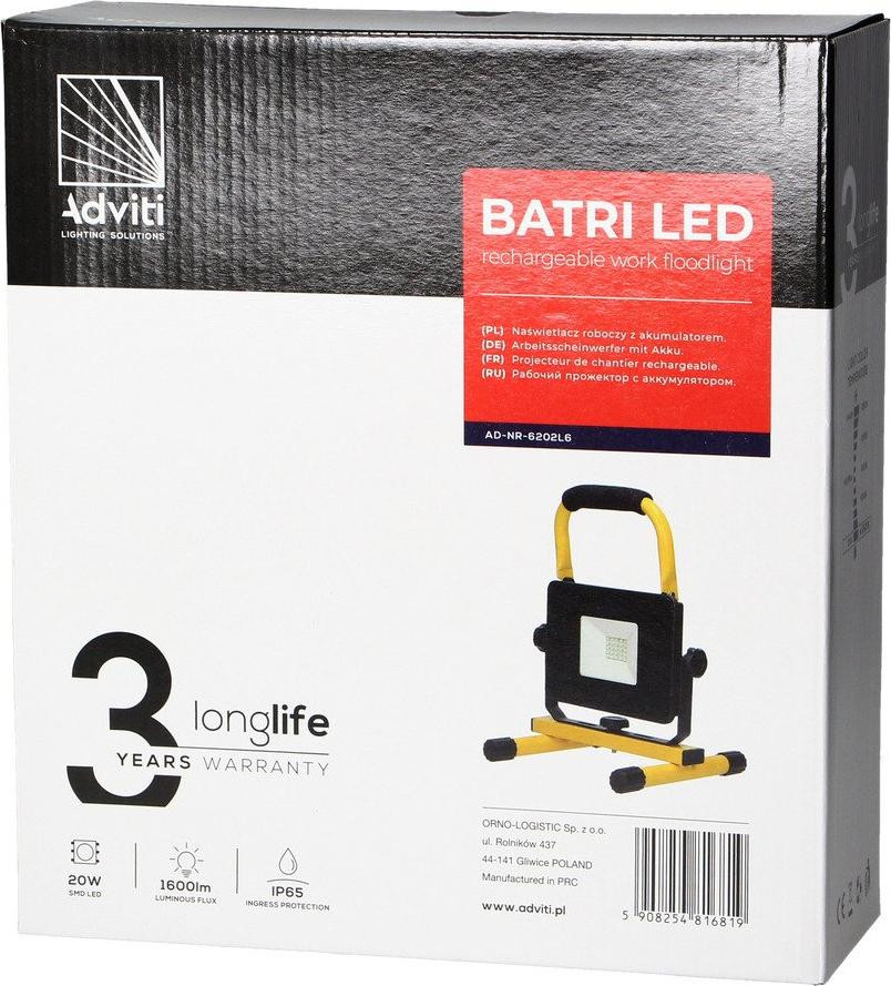 ORNO BATRI LED 20W Werklamp met oplaadbare batterij, 1600 lumen, IP65, 6500K, 4400 mAh