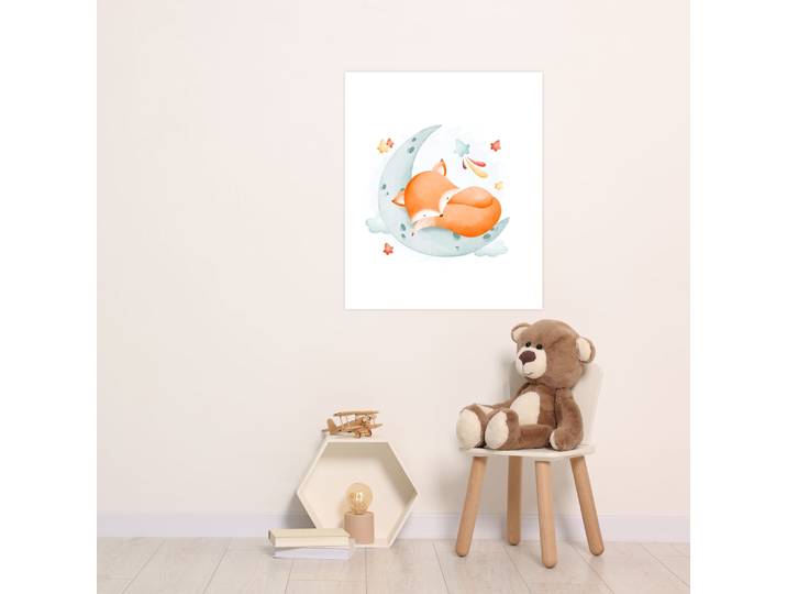 Bild mit Rahmen LÜTTENHÜTT oder Poster, Schlafender Fuchs auf Mond mit Sternen , bunt (farbe bild(er): bunt), B:40cm H:50cm T:0,2cm, Papier, Bilder, Bild mit Rahmen, HD Premium Druck