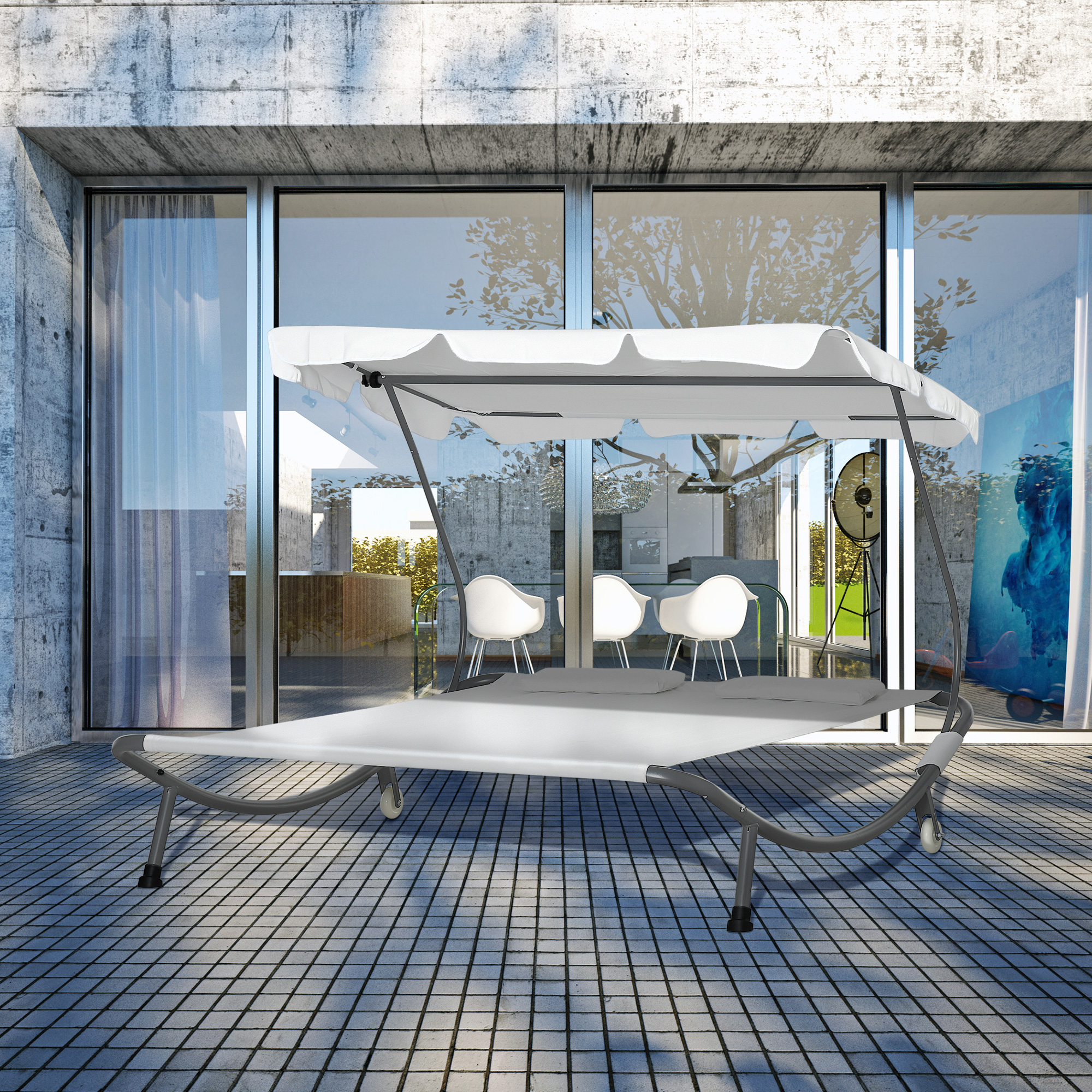 Outsunny Lettino Matrimoniale 2 Posti Parasole Regolabile da Esterno e Giardino 200x170 x134cm Crema Aosom
