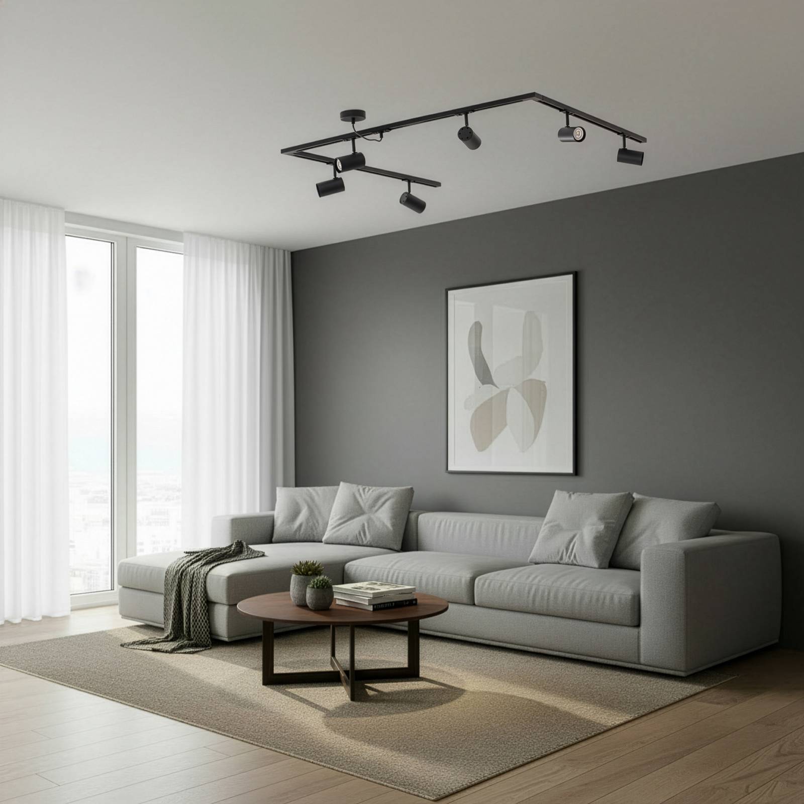 Lindby Schienensystem Linaro, GU10, 6-flg., schwarz, C-Form Linaro, schwarz, für Wohn- / Esszimmer, Aluminium, Modern