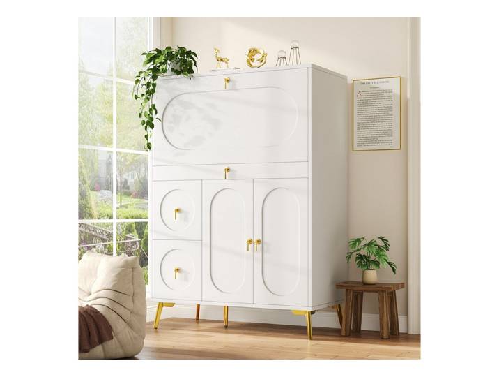 Furnishings Home Vorratsschrank Schlicht modern mit Falttüren Sideboard 100×50×140cm (1-St) Verstellbare Trennwände Multifunktionaler Stauraum Weiß