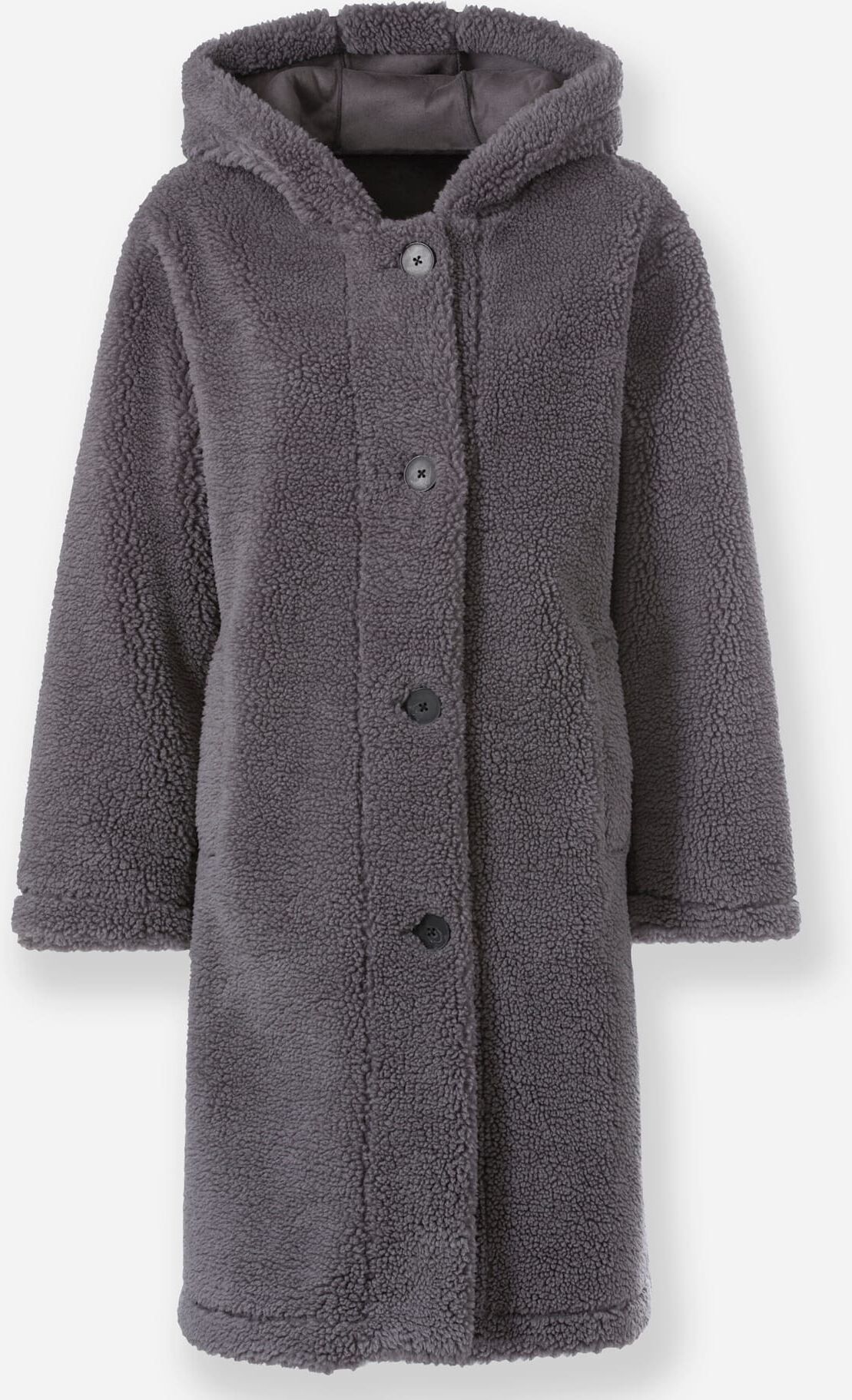 Fellimitatmantel HEINE, Damen, Gr. 34, grau (anthrazit), 100% Polyester, unifarben, unifarben mit Farbeinsatz, unifarben mit Farbeinsätzen, Mäntel Fellimitatmantel anthrazit 34