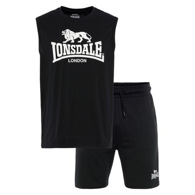 Sportanzug LONSDALE "ALLANTON", Herren, Gr. S (48), schwarz-weiß (schwarz, weiß), Obermaterial: 60% Baumwolle, 40% Polyester, Sportanzüge, 2-teiliges Set, mit kontrastfarbenem Druck auf Brust und Oberschenkel