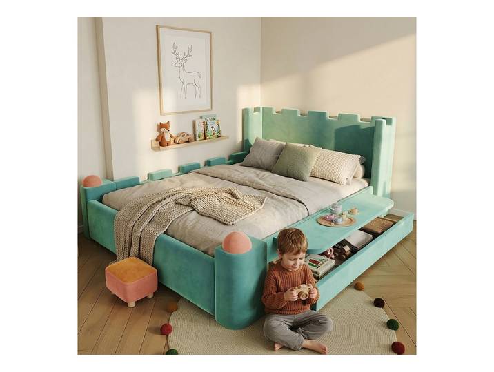 KEFEYA Polsterbett mit Stauraum-Schublade & klappbarer Seitenablage (Burg-Design mit weichen Antikollisions-Kanten, Französischer Samt, Doppelbett für Kinderzimmer & Familienzimmer, Blaugrün, 1-tlg., 140x200cm)