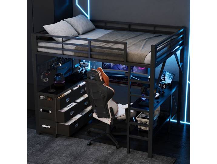 Lit superposé- Zukavenir- en métal avec tiroirs avec bureau avec étagère pour gaming avec éclairage LED- 140x200cm