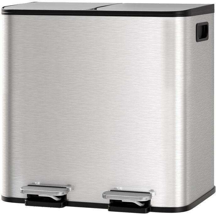 FXSGER Dual Compartment Kitchen Trash Can – Stainless Steel Pedal Bin, 30L (2 x 15L), Step Bin, Soft-Close Lid, Removable Buckets, Foot Pedals, Waste Separat Stainless Steel