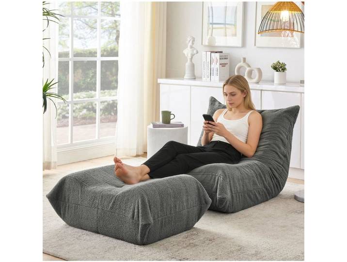 ROVRYN Chauffeuse de sol 1 place avec repose-pieds tissu teddy gris mousse sans montage