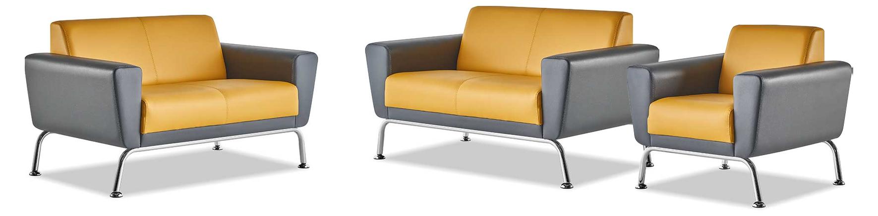 Sitzmöbel-Set Leder Ledersofas 2-Sitzer Sessel Gelb Grau Edelstahl Holz