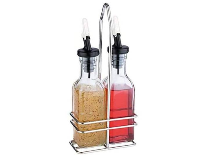 APS, Essig- & Öl-Menage, Glasbehälter mit Deckel und tropffreiem PE-Ausgießer, Menage Set für Essig & Öl, Glasmenage, 24 cm Höhe für je 0,12 Liter