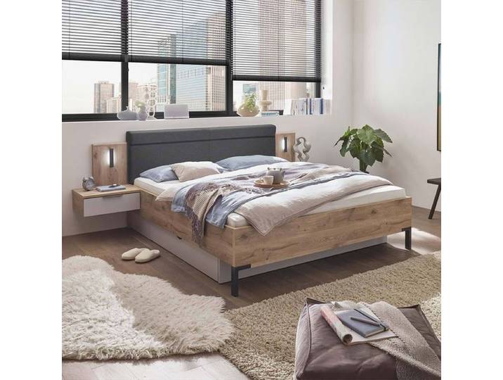 Bett Palawan Komfort Eiche Dekor mit Nachttischen, Beleuchtung und Schubkasten 180x200cm 180x200 cm Mit