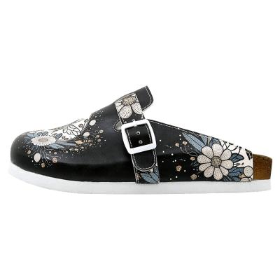 Hausschuh DOGO "Comfie Pantoletten Hausschuhe Bee With Flowers Damen Sandalen", Damen, Gr. 38, Normalschaft, schwarz, Lederimitat, Schuhe Hausschuh, Handgefertigt