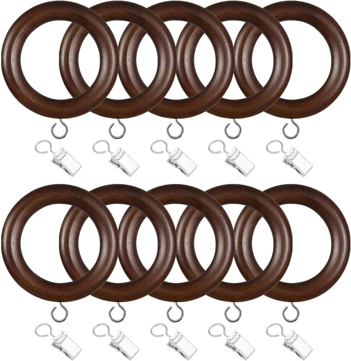 24 stuks Houten Gordijnringen met clips in walnootkleur