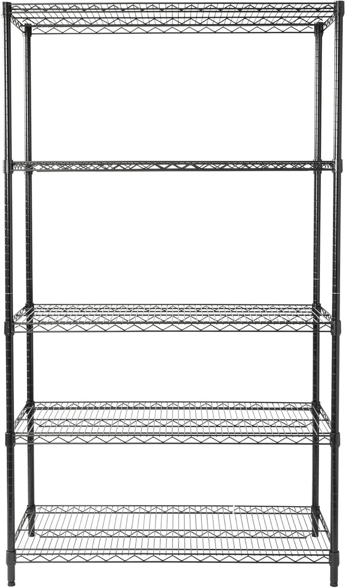 Zwarte 5-laagse opbergplanken met verstelbare schappen voor in huis, garage of keuken