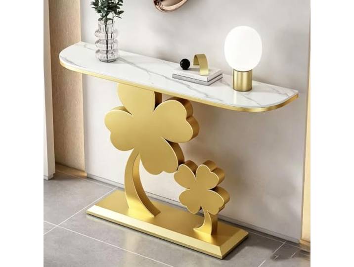 LJWFZBD Moderner Konsolentisch mit Sintersteinplatte für Flur & Wohnzimmer Robuste Sintersteinplatte, Minimalistisches Metalldesign, Vielseitiger Akzenttisch(Gold+White,47.2in(120cm))
