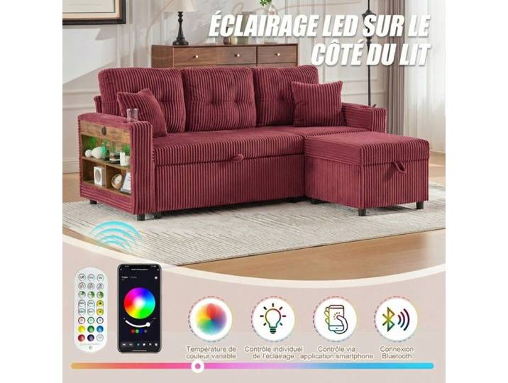 Canapé Lit Velours Côtelé avec Coffre USB-C & LED. Sofa Convertible Porte-Gobelets et Rangement - 196cm
