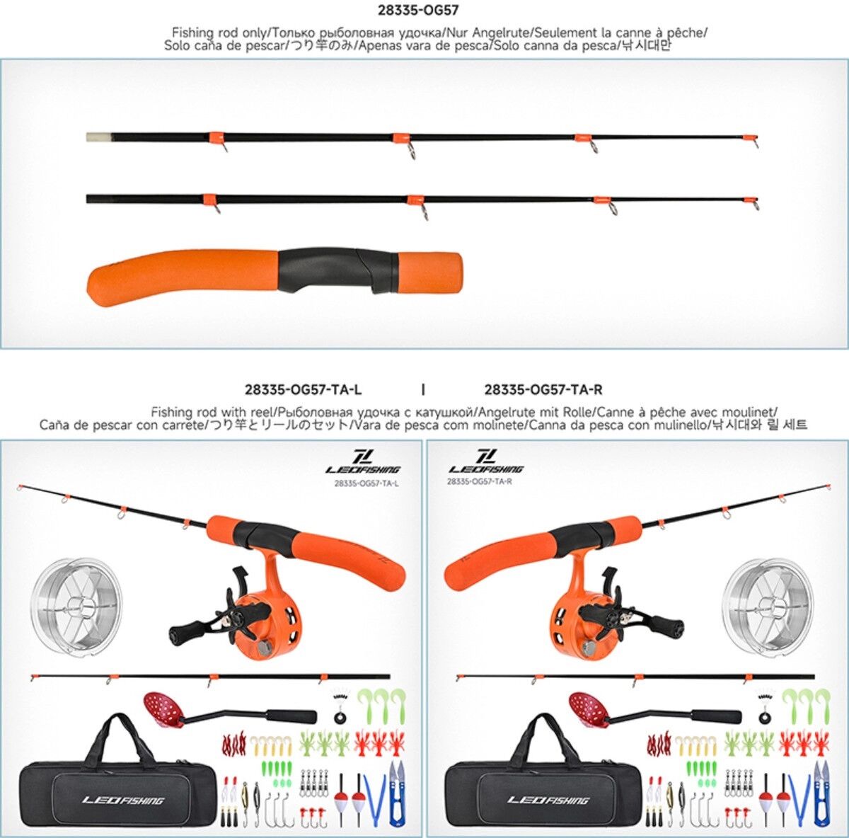 INF Ensemble canne à glace avec combo moulinet main droite - Fibre de carbone, poignée EVA, kit double canne hivernal, orange