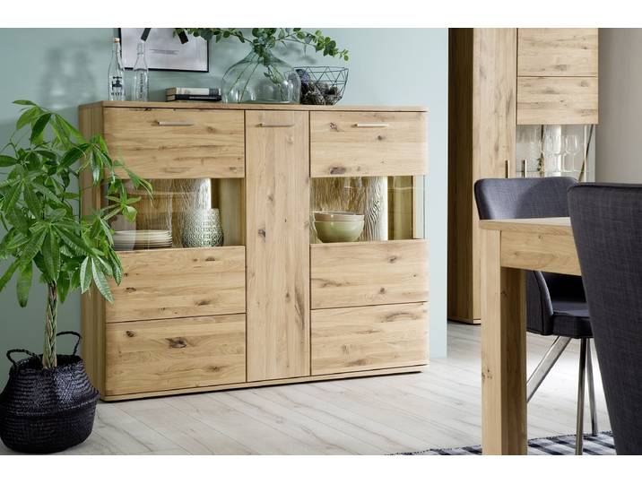 Highboard groß Santori , Eiche Bianco , LED Beleuchtung mit 4er Set LED Band 30 cm