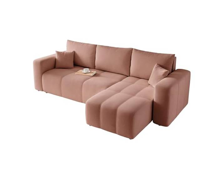 IDOHOME Ecksofa mit Schlaffunktion und Bettkasten 248 x 145 cm Rosa 248 x 145 x 79 cm, Kiefernholz und MDF, Hoher Sitzkomfort, Flexible Ottomane, Wohnen und Schlafen, Integrierter Bettkasten