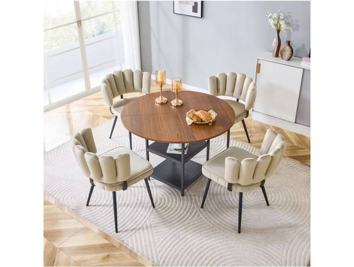 COVREO Ensemble table ronde 107 cm et 4 chaises en tissu double rangement aspect noyer