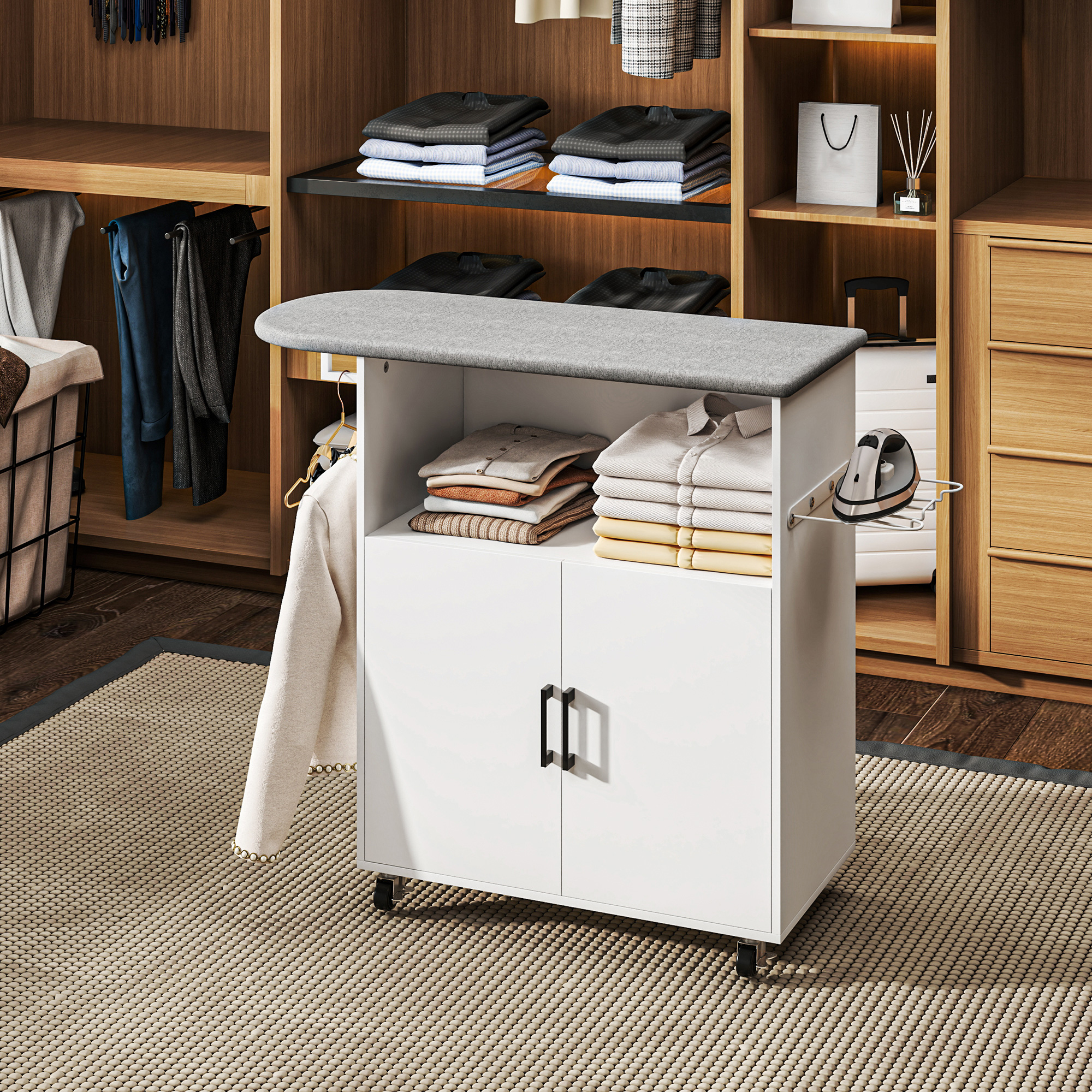 Homcom Mobile Asse da Stiro con Armadietto a 2 Ante e Spazio Aperto, 125x43.5x102.5 cm, Bianco   Aosom Italy